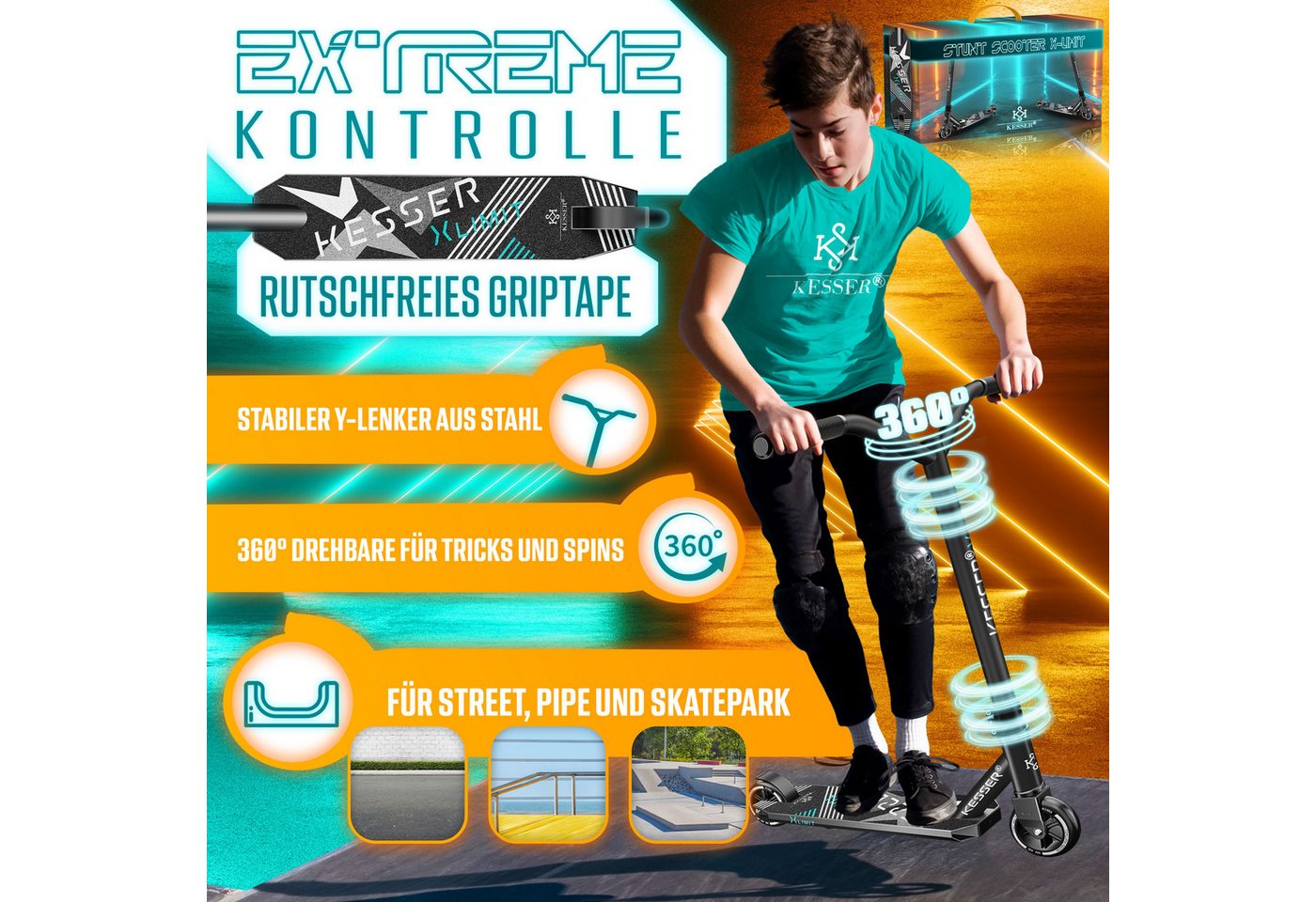 KESSER Stuntscooter X-Limit 360° Lenkung, ABEC9 Kugellagern, 100 mm PU Räder, Freestyle Kickscooter Funscooter für Kinder & Erwachsene – Bild 2 von 5
