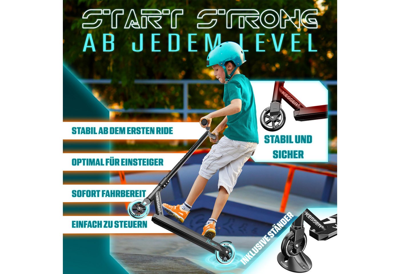 KESSER Stuntscooter X-Limit 360° Lenkung, ABEC9 Kugellagern, 100 mm PU Räder, Freestyle Kickscooter Funscooter für Kinder & Erwachsene – Bild 3 von 5