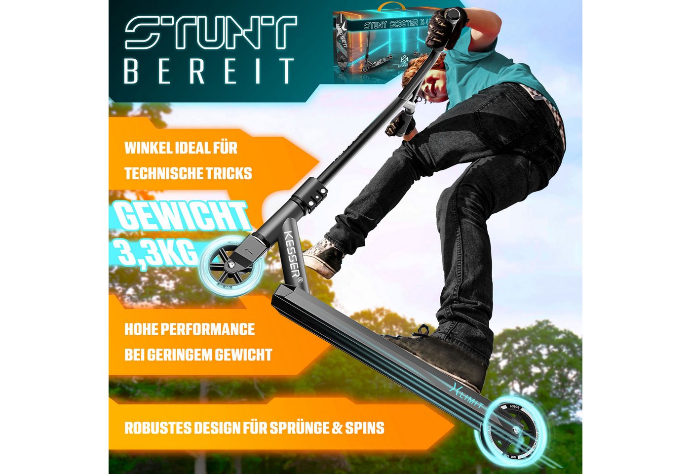 KESSER Stuntscooter X-Limit 360° Lenkung, ABEC9 Kugellagern, 100 mm PU Räder, Freestyle Kickscooter Funscooter für Kinder & Erwachsene – Bild 4 von 5