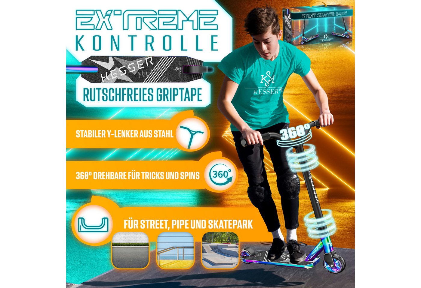 KESSER Stuntscooter X-Limit 360° Lenkung, ABEC9 Kugellagern, 100 mm PU Räder, Freestyle Kickscooter Funscooter für Kinder & Erwachsene – Bild 2 von 5