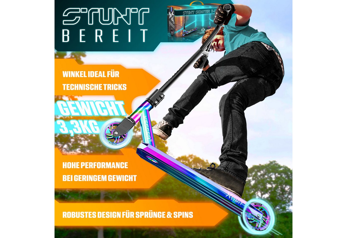 KESSER Stuntscooter X-Limit 360° Lenkung, ABEC9 Kugellagern, 100 mm PU Räder, Freestyle Kickscooter Funscooter für Kinder & Erwachsene – Bild 4 von 5