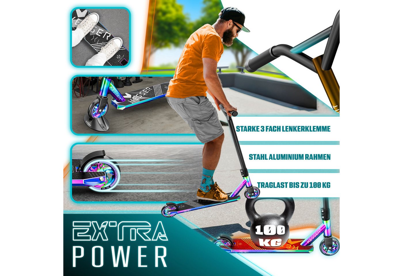 KESSER Stuntscooter X-Limit 360° Lenkung, ABEC9 Kugellagern, 100 mm PU Räder, Freestyle Kickscooter Funscooter für Kinder & Erwachsene – Bild 5 von 5