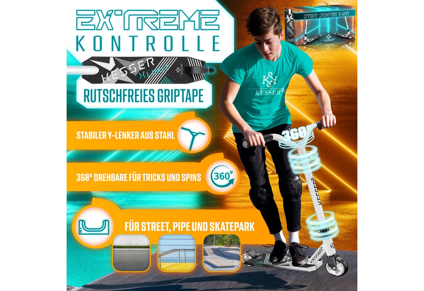 KESSER Stuntscooter X-Limit 360° Lenkung, ABEC9 Kugellagern, 100 mm PU Räder, Freestyle Kickscooter Funscooter für Kinder & Erwachsene – Bild 2 von 5