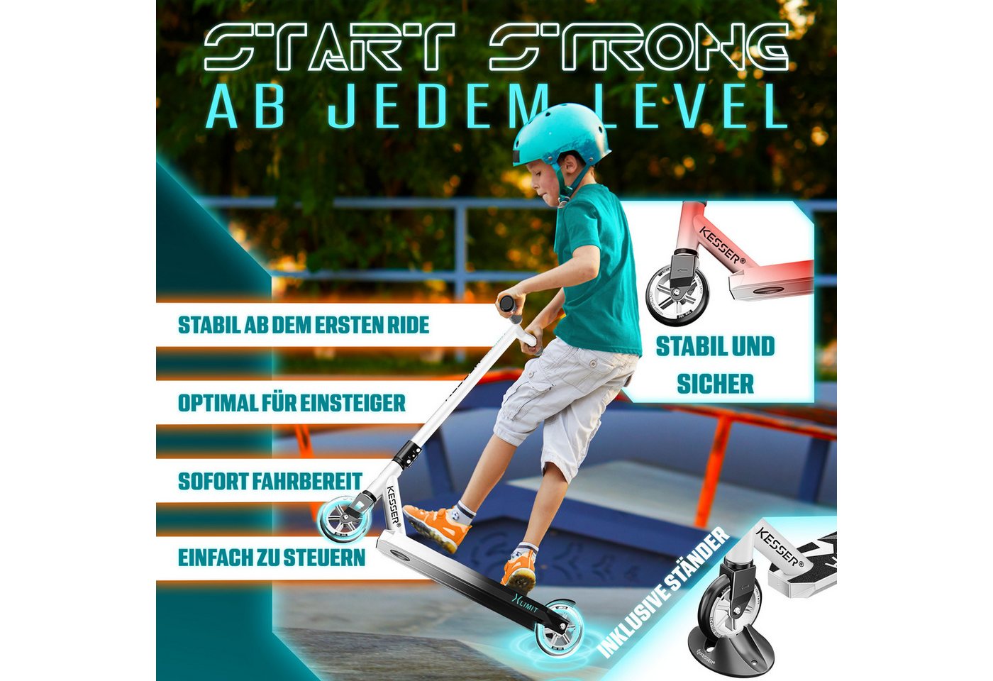 KESSER Stuntscooter X-Limit 360° Lenkung, ABEC9 Kugellagern, 100 mm PU Räder, Freestyle Kickscooter Funscooter für Kinder & Erwachsene – Bild 3 von 5
