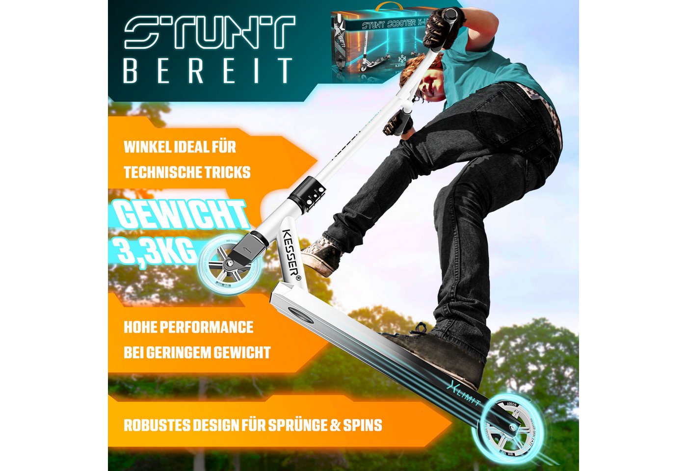 KESSER Stuntscooter X-Limit 360° Lenkung, ABEC9 Kugellagern, 100 mm PU Räder, Freestyle Kickscooter Funscooter für Kinder & Erwachsene – Bild 4 von 5