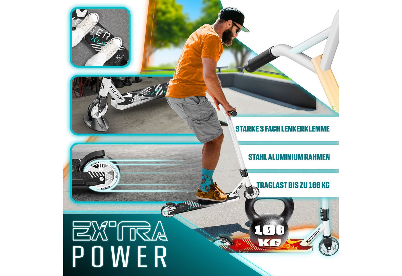 KESSER Stuntscooter X-Limit 360° Lenkung, ABEC9 Kugellagern, 100 mm PU Räder, Freestyle Kickscooter Funscooter für Kinder & Erwachsene – Bild 5 von 5