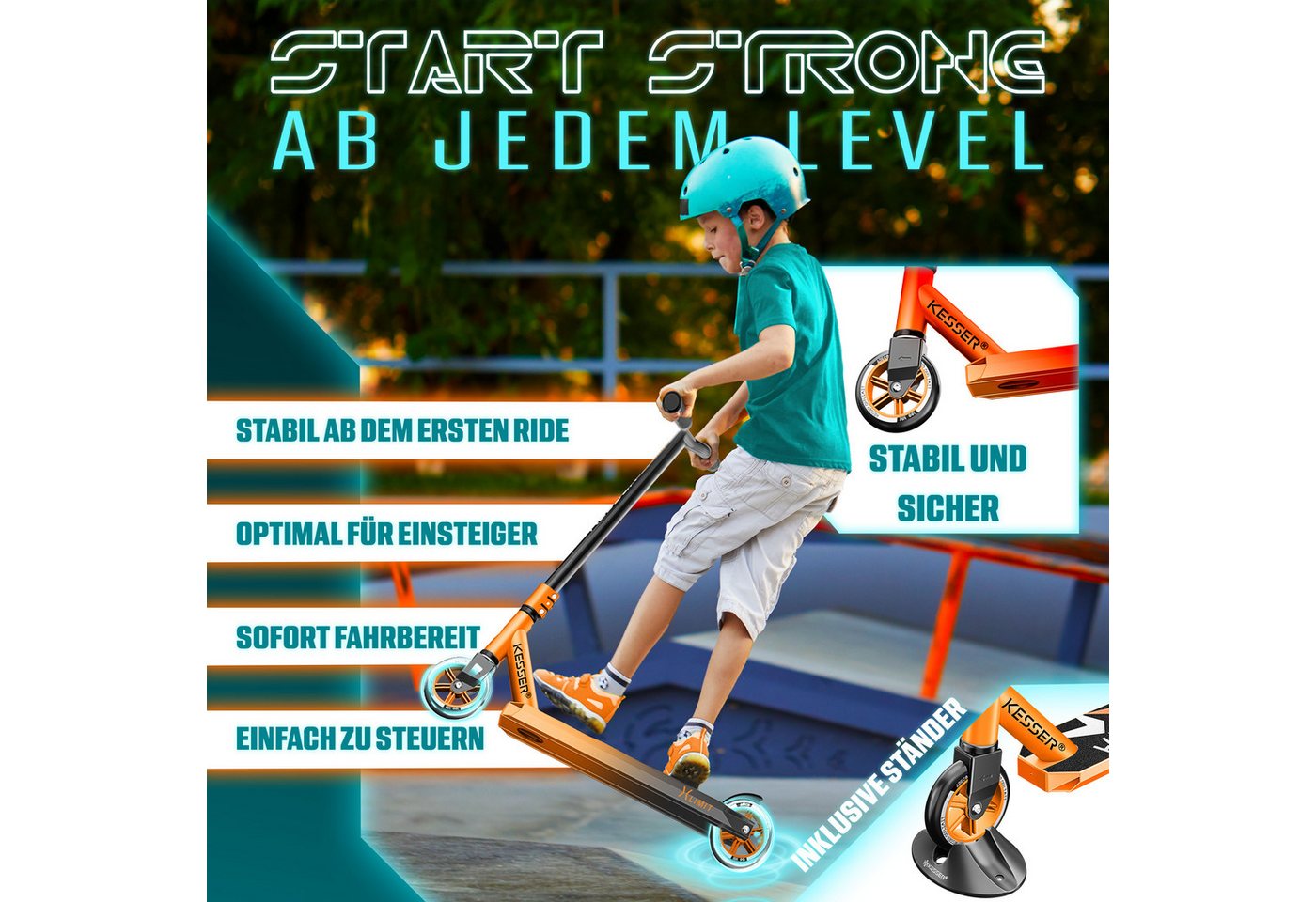 KESSER Stuntscooter X-Limit 360° Lenkung, ABEC9 Kugellagern, 100 mm PU Räder, Freestyle Kickscooter Funscooter für Kinder & Erwachsene – Bild 3 von 5