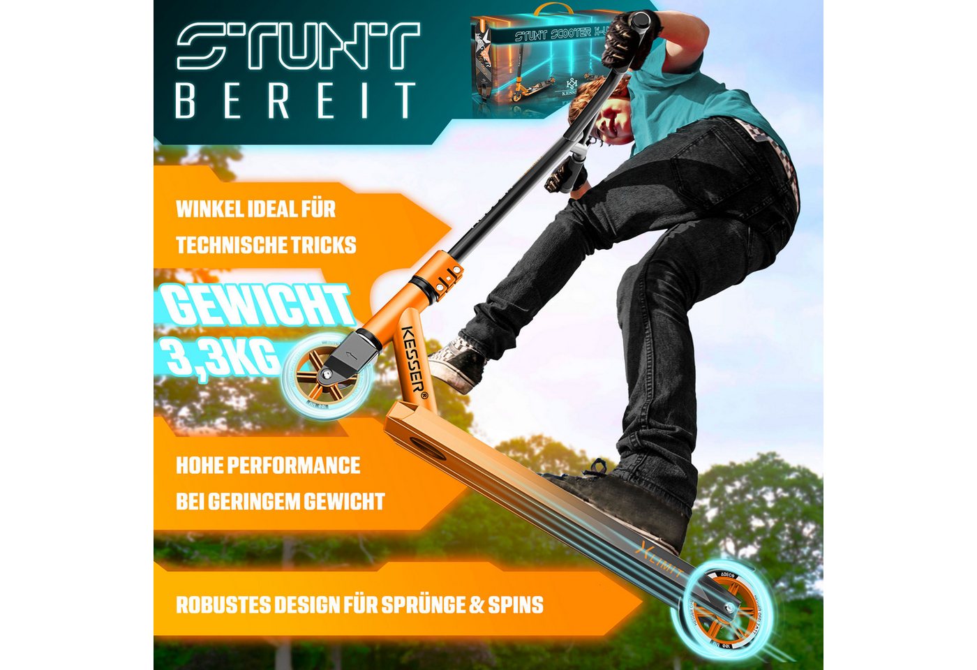 KESSER Stuntscooter X-Limit 360° Lenkung, ABEC9 Kugellagern, 100 mm PU Räder, Freestyle Kickscooter Funscooter für Kinder & Erwachsene – Bild 4 von 5