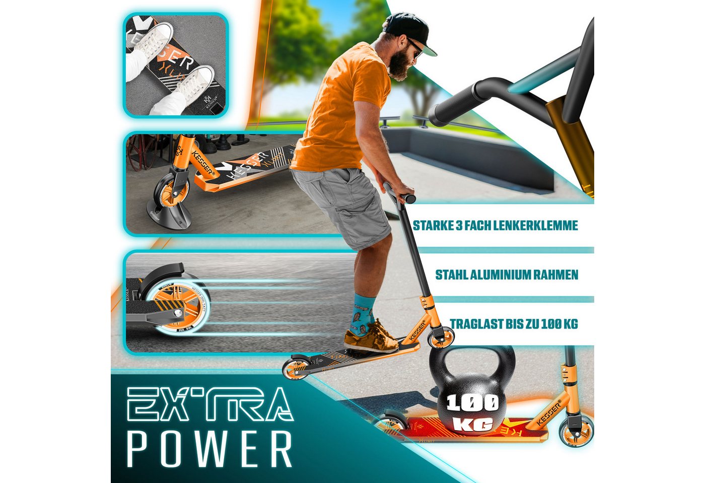 KESSER Stuntscooter X-Limit 360° Lenkung, ABEC9 Kugellagern, 100 mm PU Räder, Freestyle Kickscooter Funscooter für Kinder & Erwachsene – Bild 5 von 5