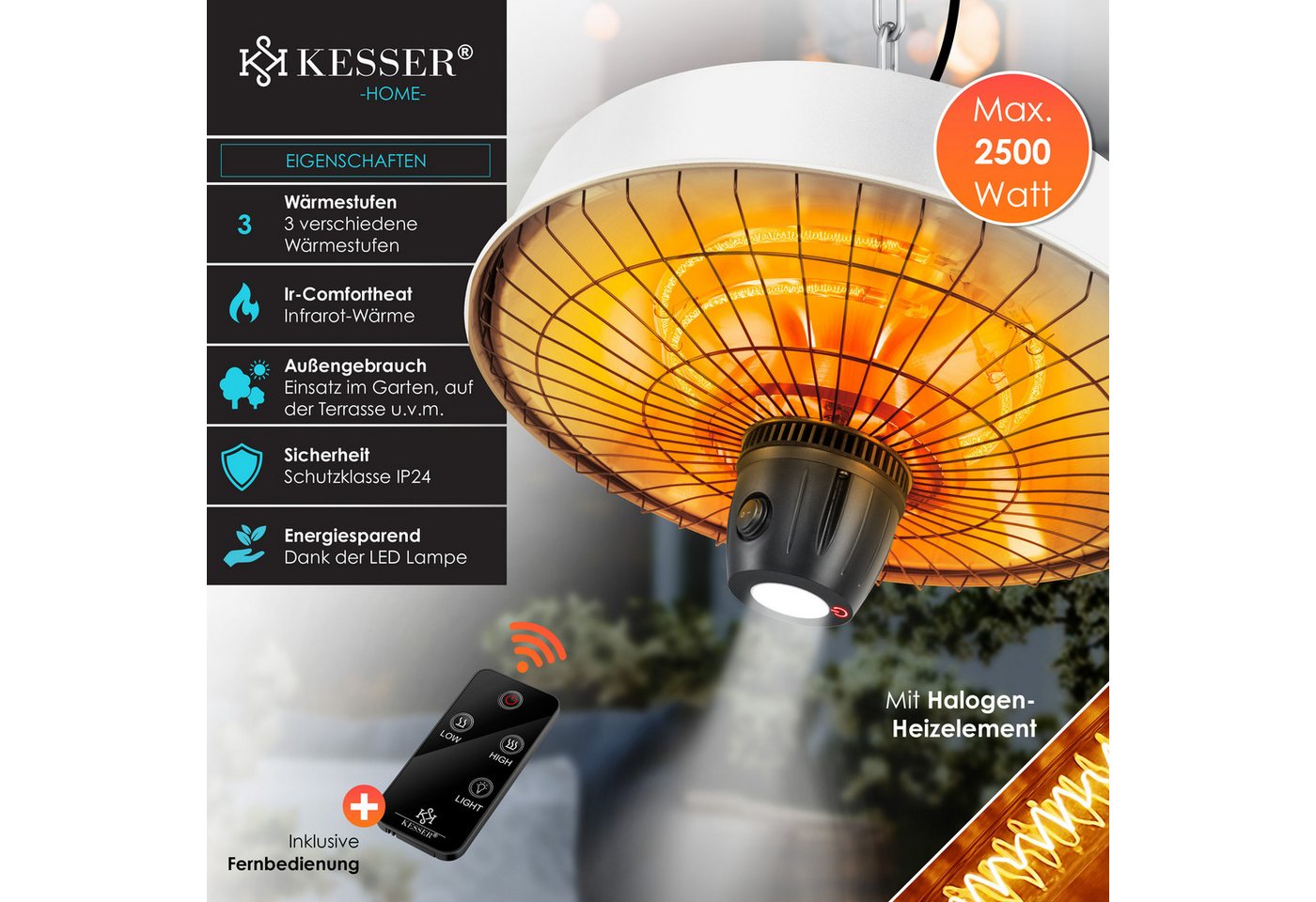 KESSER Terrassenstrahler, Deckenheizstrahler Heizpilz Infrarot-Heizstrahler 2500W – Bild 2 von 5