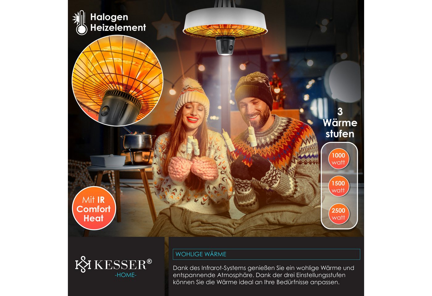 KESSER Terrassenstrahler, Deckenheizstrahler Heizpilz Infrarot-Heizstrahler 2500W – Bild 3 von 5