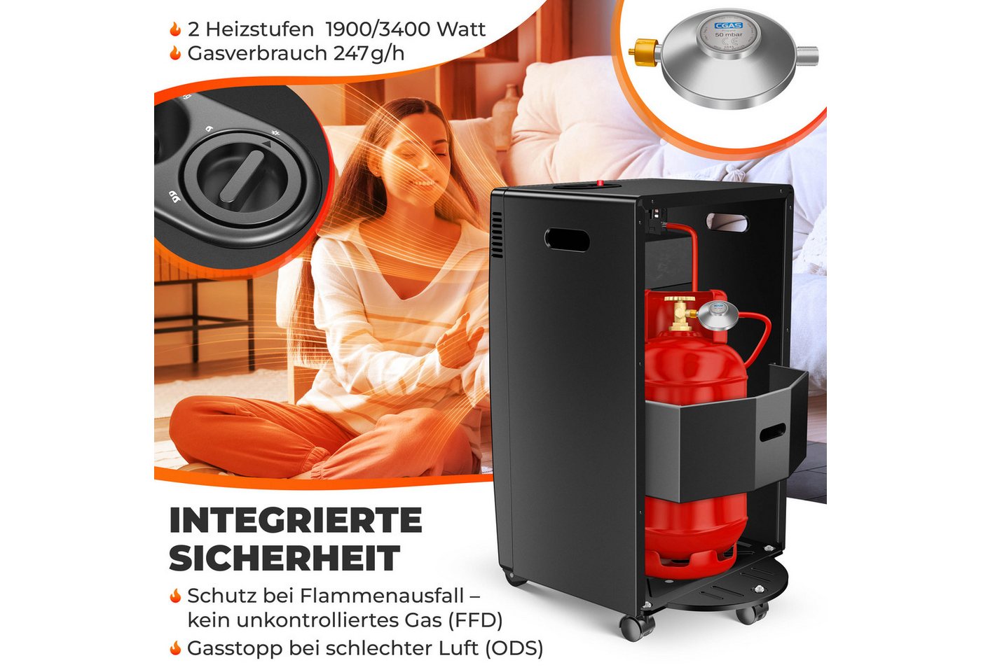 KESSER Terrassenstrahler, 3400 W, Gasheizer Gasheizofen Heizstrahler 3,4 kW Gas Kamin – Bild 4 von 5