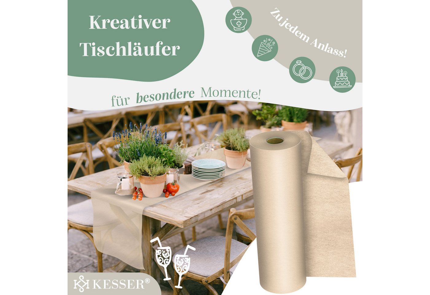 KESSER Tischläufer 25 m × 30 cm, wasserabweisend & abwaschbar, 30 g/m², anpassbare Vlies-Tischdekoration – für Feste aller Art geeignet – Bild 3 von 5