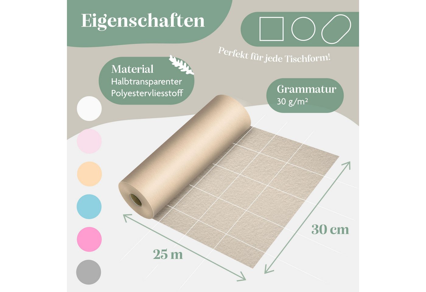 KESSER Tischläufer 25 m × 30 cm, wasserabweisend & abwaschbar, 30 g/m², anpassbare Vlies-Tischdekoration – für Feste aller Art geeignet – Bild 5 von 5