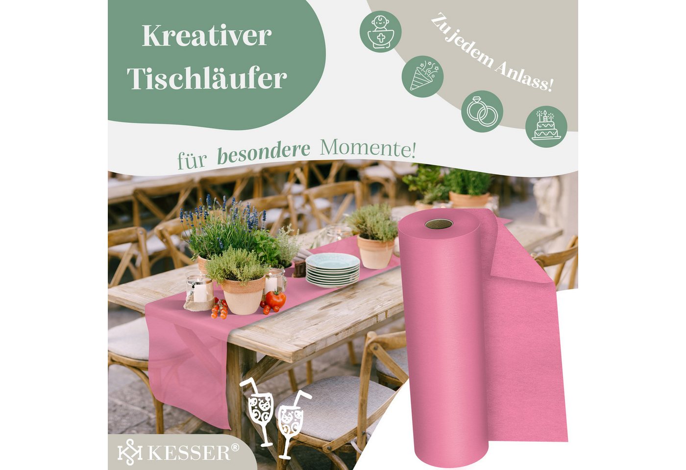 KESSER Tischläufer 25 m × 30 cm, wasserabweisend & abwaschbar, 30 g/m², anpassbare Vlies-Tischdekoration – für Feste aller Art geeignet – Bild 3 von 5