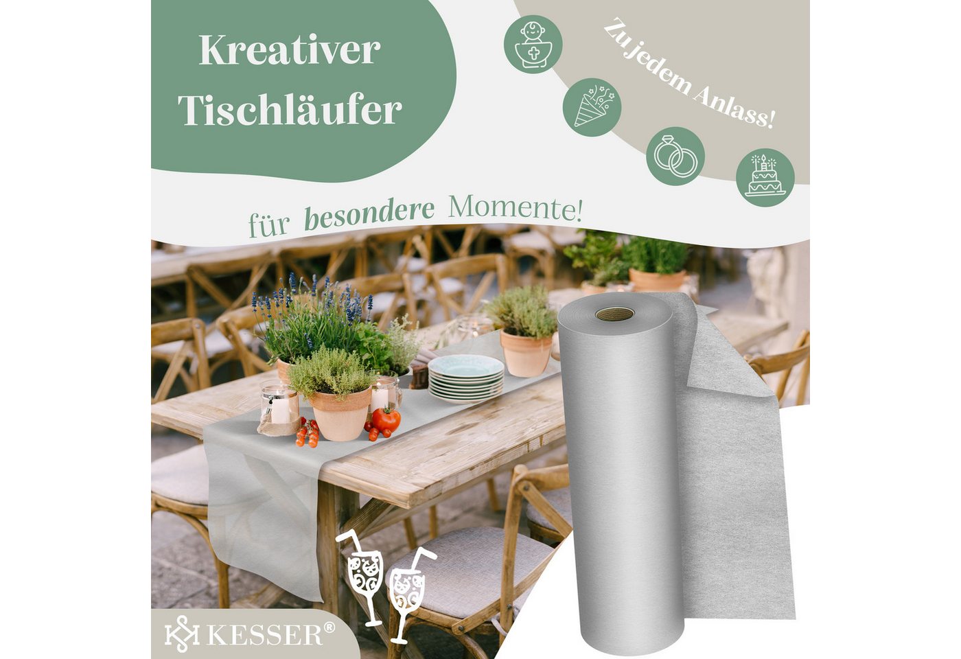 KESSER Tischläufer 25 m × 30 cm, wasserabweisend & abwaschbar, 30 g/m², anpassbare Vlies-Tischdekoration – für Feste aller Art geeignet – Bild 3 von 5