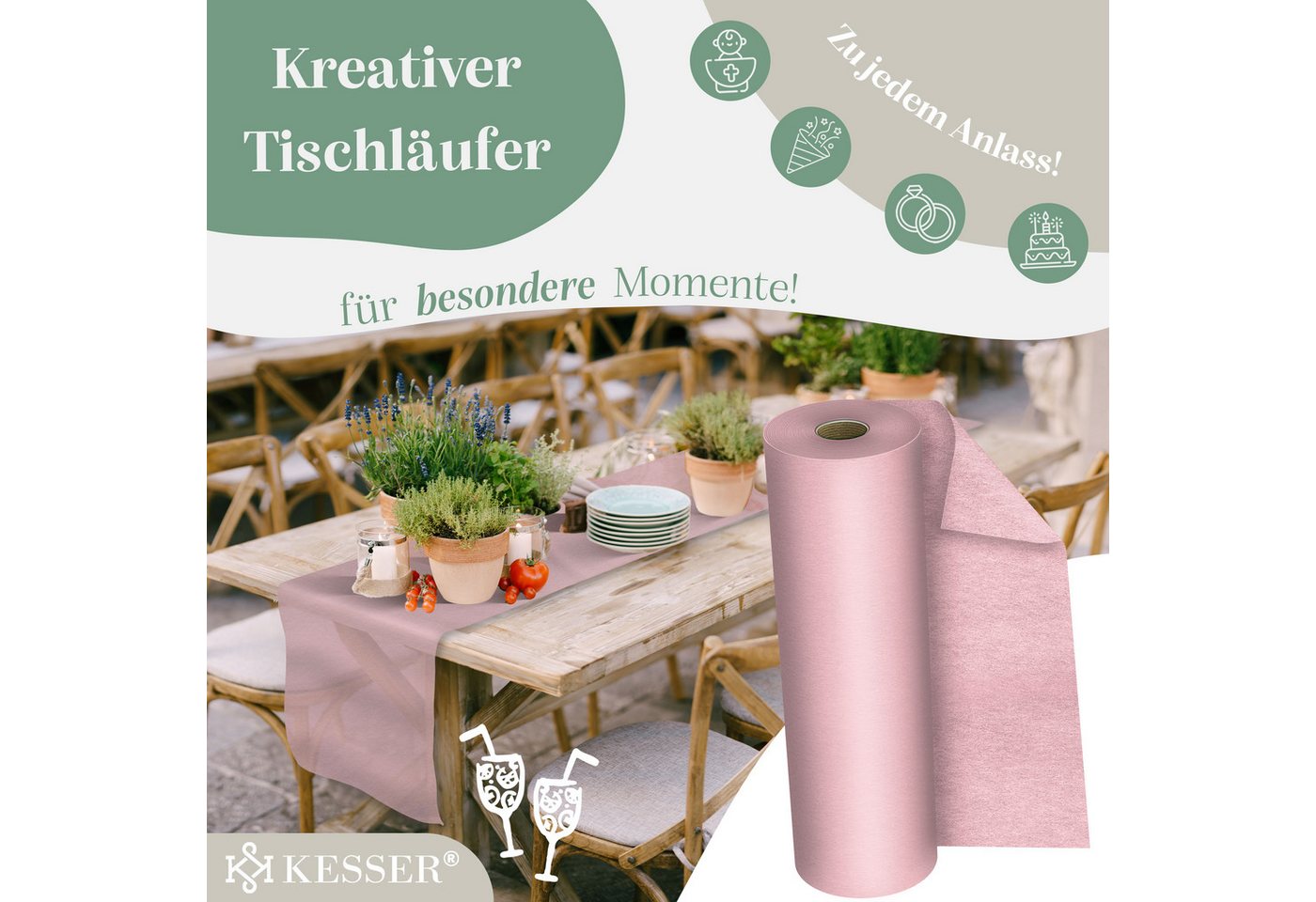 KESSER Tischläufer 25 m × 30 cm, wasserabweisend & abwaschbar, 30 g/m², anpassbare Vlies-Tischdekoration – für Feste aller Art geeignet – Bild 3 von 5
