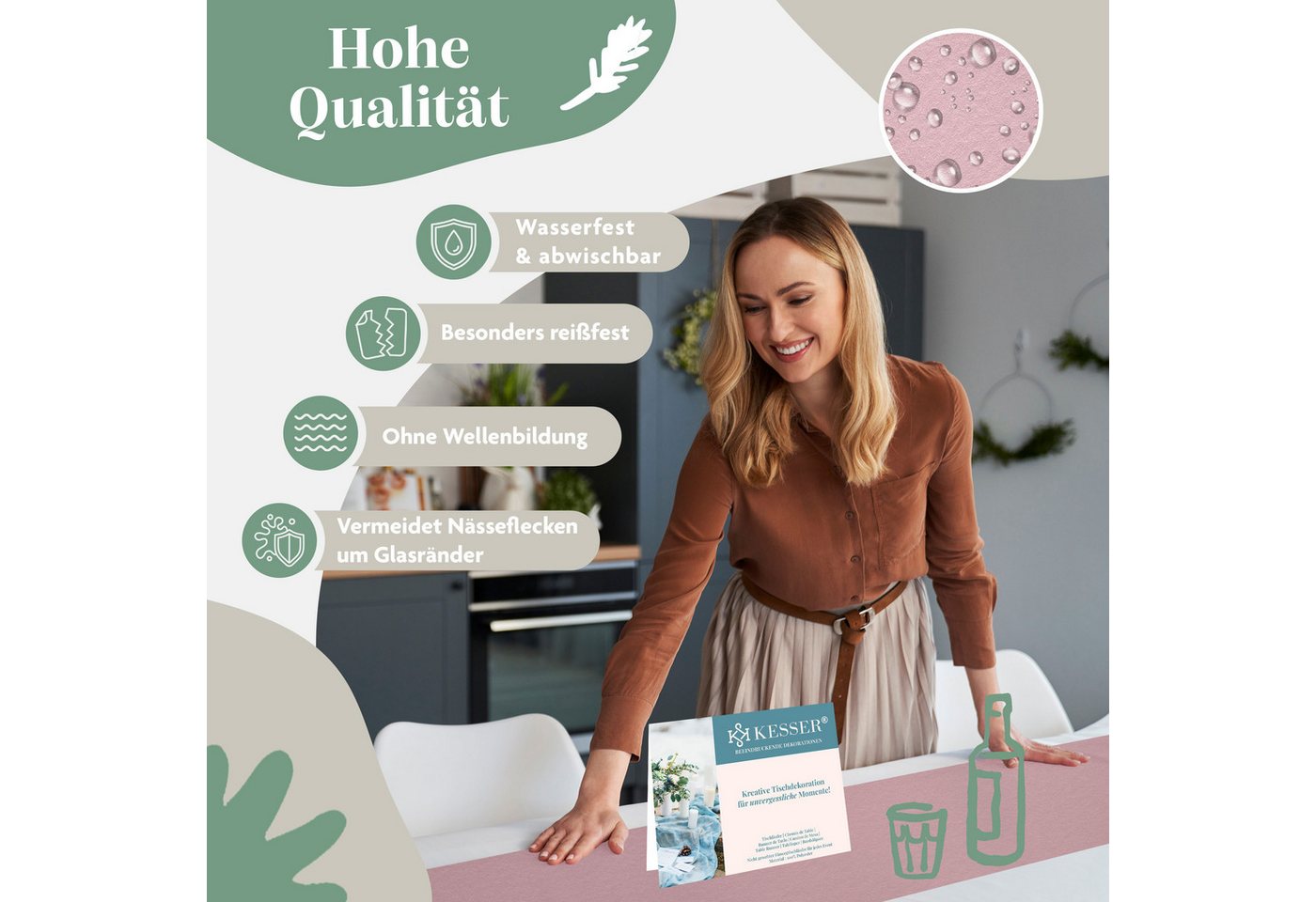 KESSER Tischläufer 25 m × 30 cm, wasserabweisend & abwaschbar, 30 g/m², anpassbare Vlies-Tischdekoration – für Feste aller Art geeignet – Bild 4 von 5