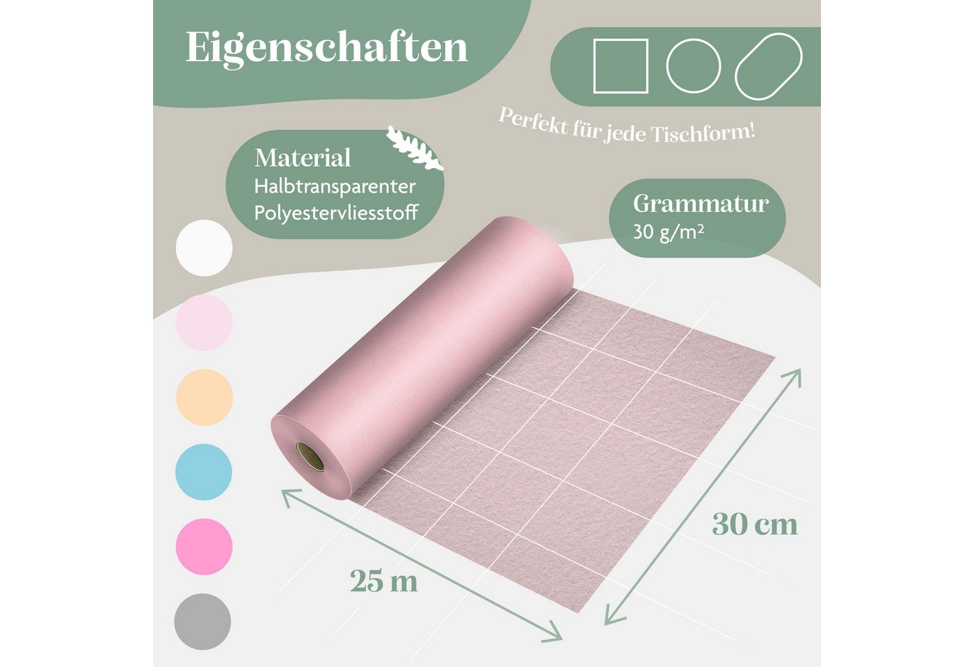 KESSER Tischläufer 25 m × 30 cm, wasserabweisend & abwaschbar, 30 g/m², anpassbare Vlies-Tischdekoration – für Feste aller Art geeignet – Bild 5 von 5