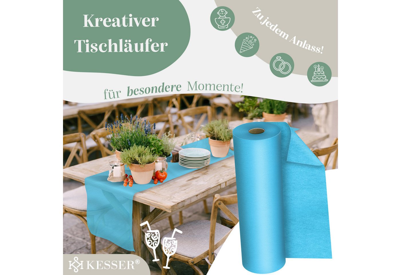 KESSER Tischläufer 25 m × 30 cm, wasserabweisend & abwaschbar, 30 g/m², anpassbare Vlies-Tischdekoration – für Feste aller Art geeignet – Bild 3 von 5