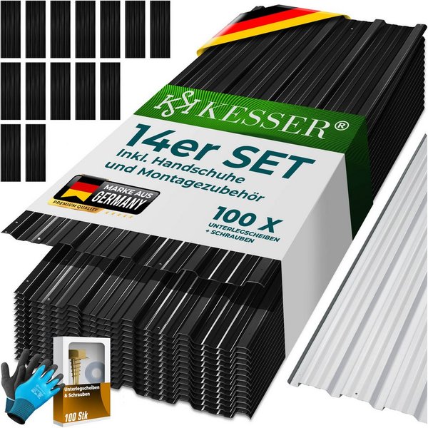 KESSER Trapezblech 14x Profilblech 110cm x 46cm = 7 m², Metall, (14er Set Dachbleche für Gerätehaus inklusive Montagehandschuhe) Dachplatten aus verzinktem Stah
