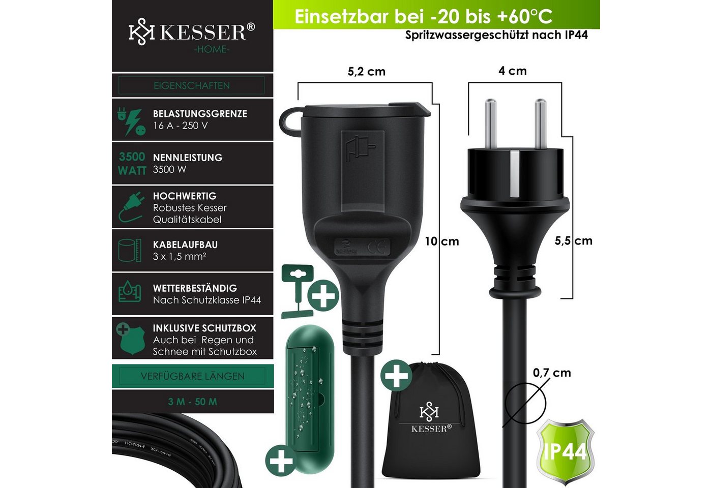 KESSER Verlängerungskabel, (50 cm), Verlängerungskabel mit Schutzkappe Outdoor für Innenbereich – Bild 2 von 5