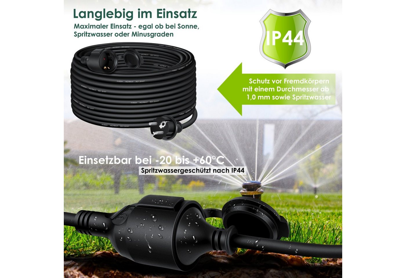 KESSER Verlängerungskabel, (50 cm), Verlängerungskabel mit Schutzkappe Outdoor für Innenbereich – Bild 3 von 5