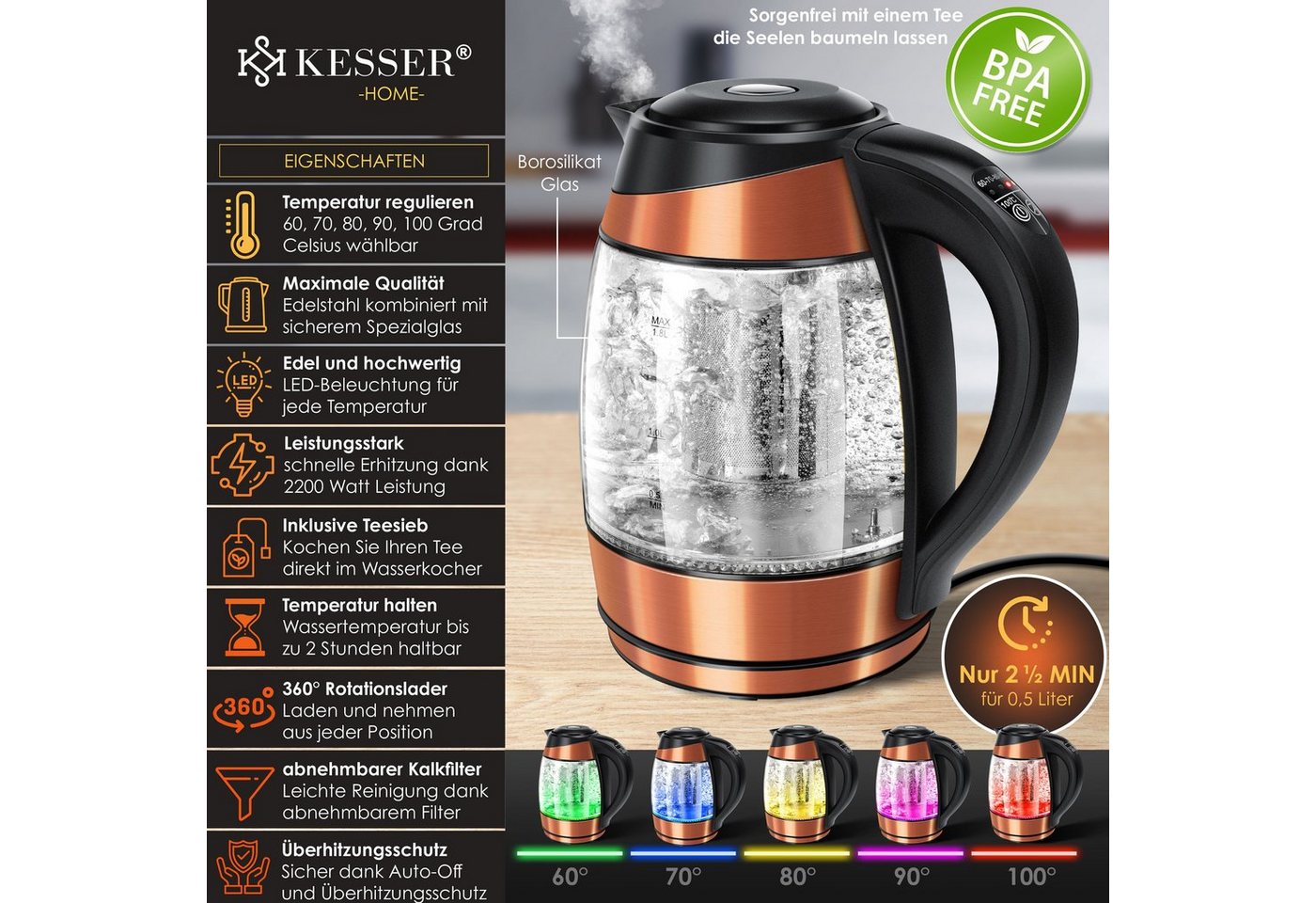 KESSER Wasserkocher, 1.8 l, 2200 W, 1,8L Edelstahl Wasserkocher 2200W Glaswasserkocher – Bild 2 von 5