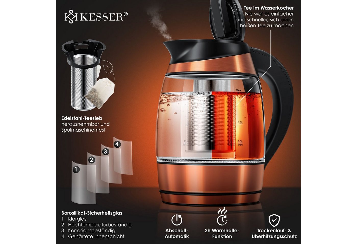 KESSER Wasserkocher, 1.8 l, 2200 W, 1,8L Edelstahl Wasserkocher 2200W Glaswasserkocher – Bild 4 von 5