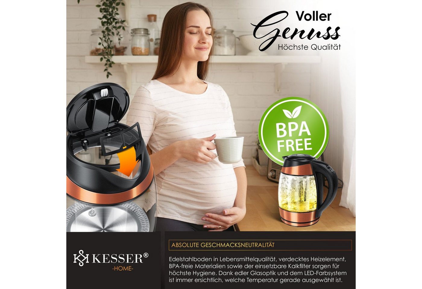 KESSER Wasserkocher, 1.8 l, 2200 W, 1,8L Edelstahl Wasserkocher 2200W Glaswasserkocher – Bild 5 von 5