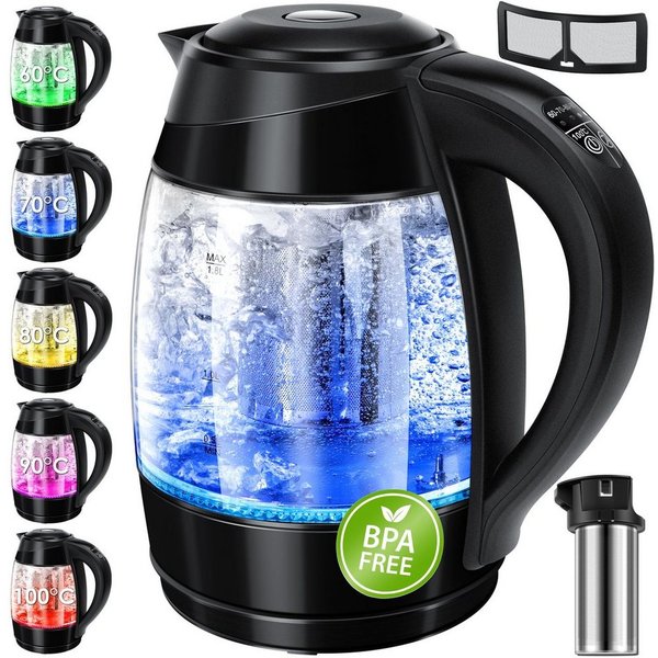 KESSER Wasserkocher, 1.8 l, 2200 W, 1,8L Edelstahl Wasserkocher 2200W Glaswasserkocher