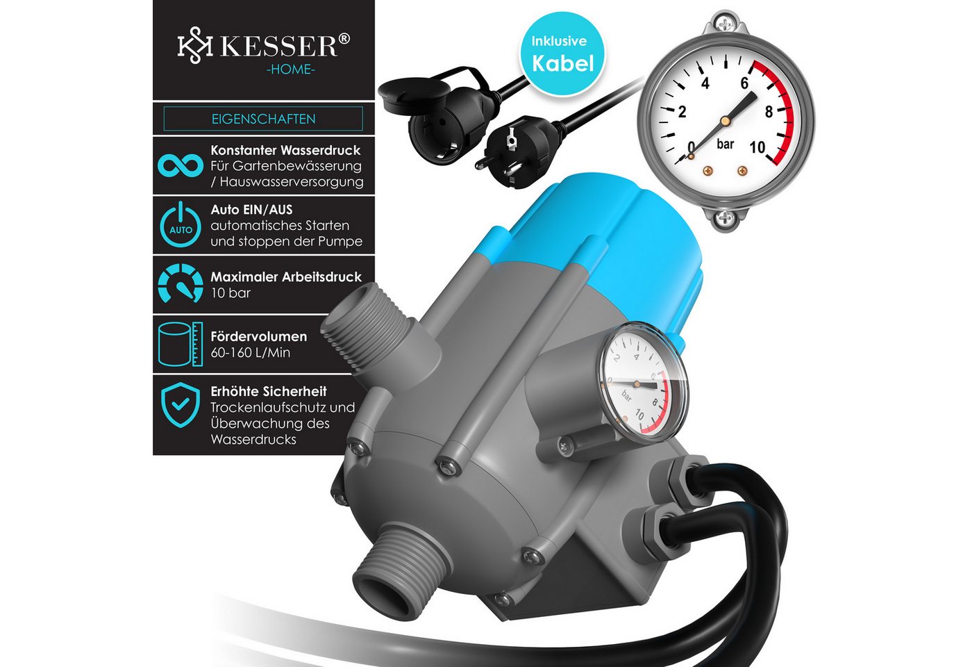 KESSER Wasserpumpe, Pumpensteuerung mit Baranzeige mit Kabel 10 bar Druckwächter – Bild 2 von 5