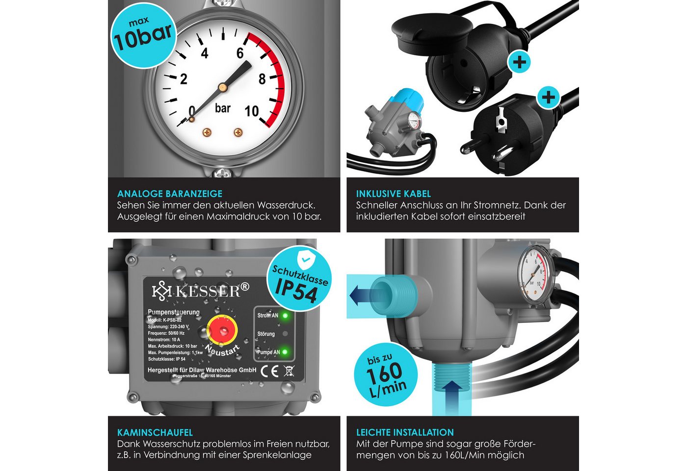 KESSER Wasserpumpe, Pumpensteuerung mit Baranzeige mit Kabel 10 bar Druckwächter – Bild 3 von 5
