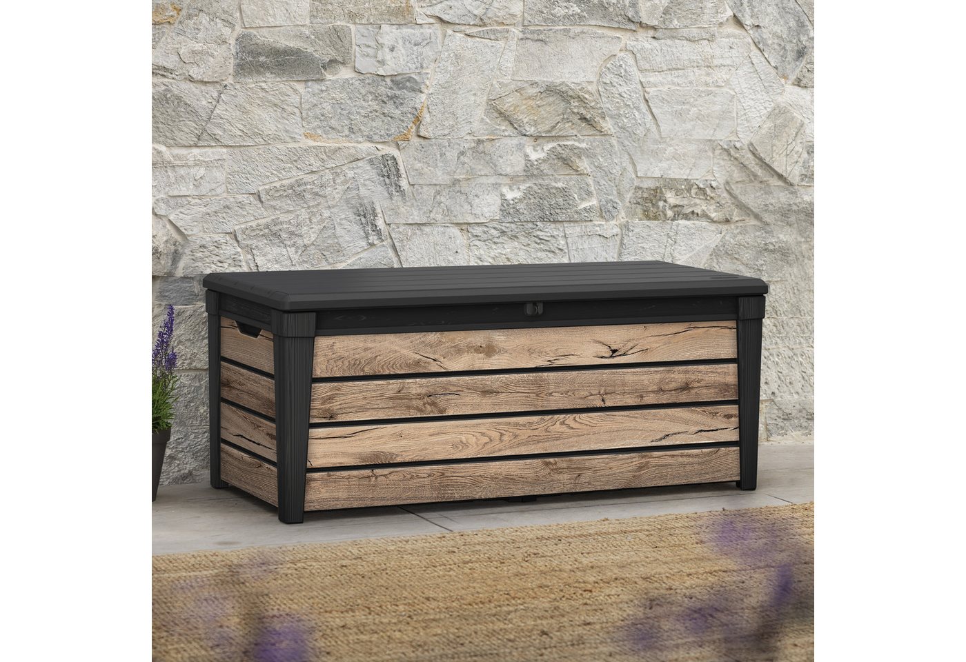 Keter Gartenbox Brightwood, 454 Liter, hochwertige Auflagenbox in Holzoptik Pinie, als Sitzgelegenheit nutzbar, mit Gasdruckfedern, abschließbar – Bild 2 von 5