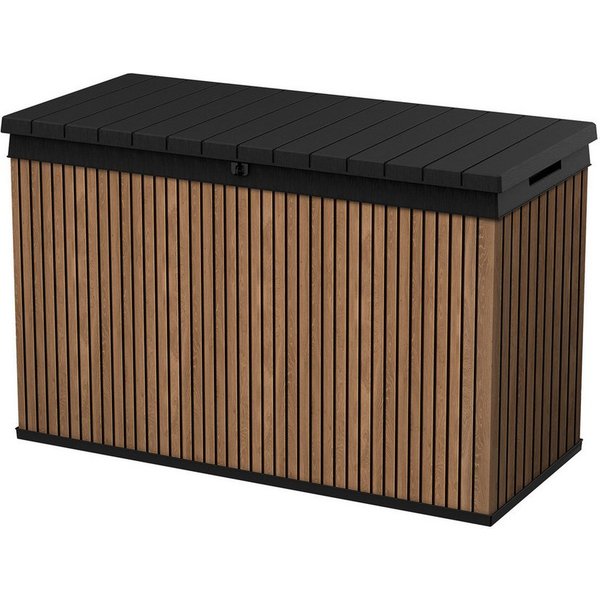 Keter Gartenbox Darwin Signature, 667 Liter, Braun, Deckel bis 300kg belastbar, Aufbewahrungsbox in moderner Lamellen-Holzoptik