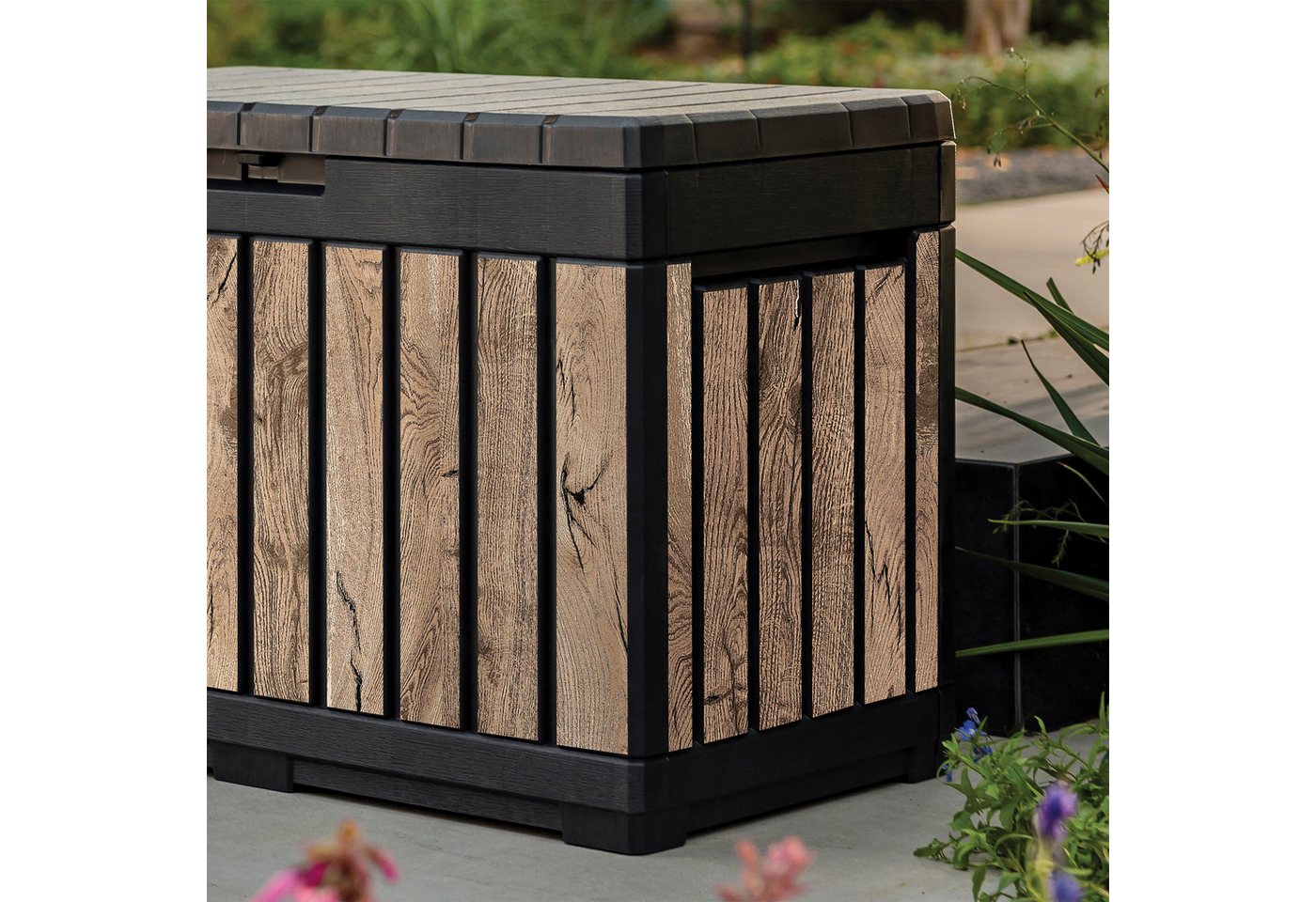 Keter Gartenbox Kentwood, 190 Liter, Holzoptik Pinie, Deckel bis 260 kg belastbar, abschließbar, wetterfest, UV-resistent, wartungsfrei – Bild 2 von 5