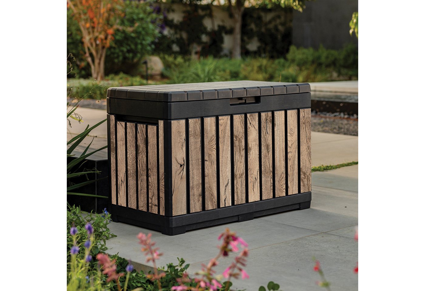 Keter Gartenbox Kentwood, 190 Liter, Holzoptik Pinie, Deckel bis 260 kg belastbar, abschließbar, wetterfest, UV-resistent, wartungsfrei – Bild 3 von 5