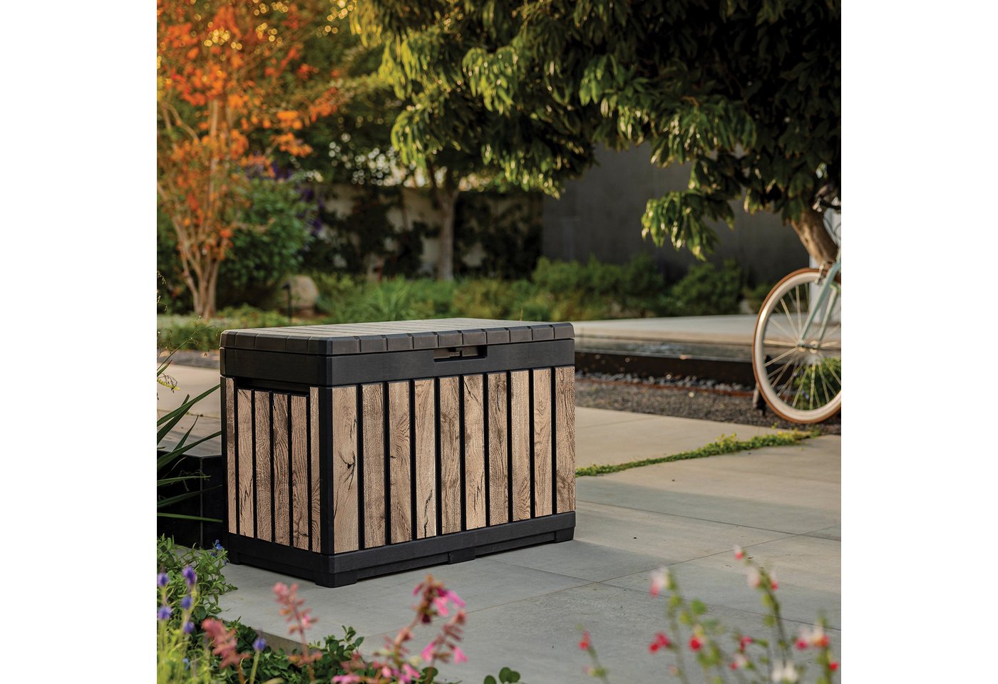 Keter Gartenbox Kentwood, 190 Liter, Holzoptik Pinie, Deckel bis 260 kg belastbar, abschließbar, wetterfest, UV-resistent, wartungsfrei – Bild 5 von 5