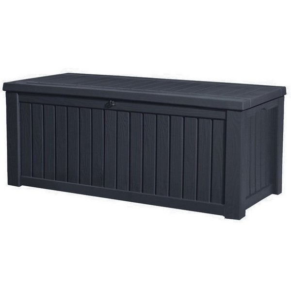 Keter Gartenbox Rockwood 570L Anthrazit naturgetreue Holzoptik Aufbewahrungsbox Truhe, abschließbar