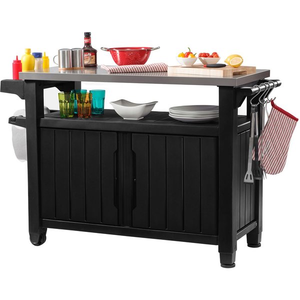 Keter Grillablagetisch UNITY XL in Holzoptik Anthrazit, aus Kunststoff mit Edelstahlplatte (mit Küchenrollenhalterung, Aufhängungen), abschließbar, UV- und witt