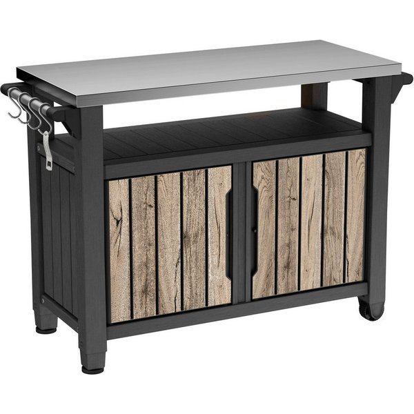 Keter Grillablagetisch UNITY XL in Holzoptik Pinie, aus Kunststoff mit Edelstahlplatte (mit Küchenrollenhalterung, Aufhängungen), abschließbar, UV- und witterun
