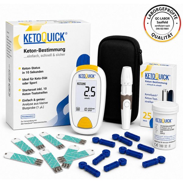 KetoQuick Keton-Messgerät Starterset mit 10 Teststreifen, Kombiset, Ideal für Keto-Ernährung, Fitness, Low Carb