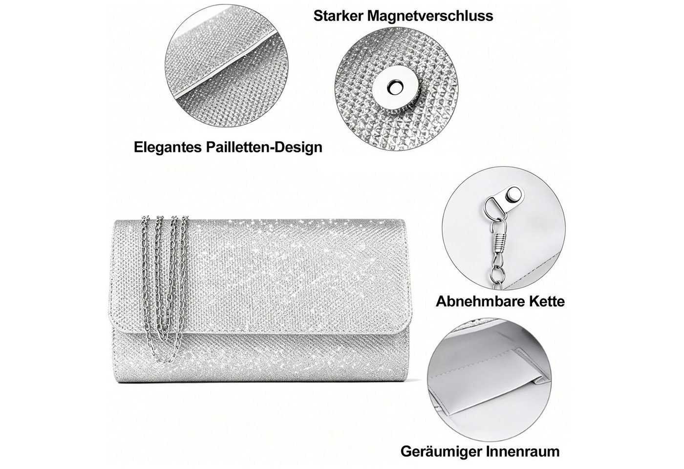 Keyura Abendtasche Damen Clutch Glitzer Abendtasche mit Abnehmbarer Kette (Elegante Kettentasche Crossbody Schultertasche, für Hochzeit, Party, Date, Ball, Fest – Bild 5 von 5