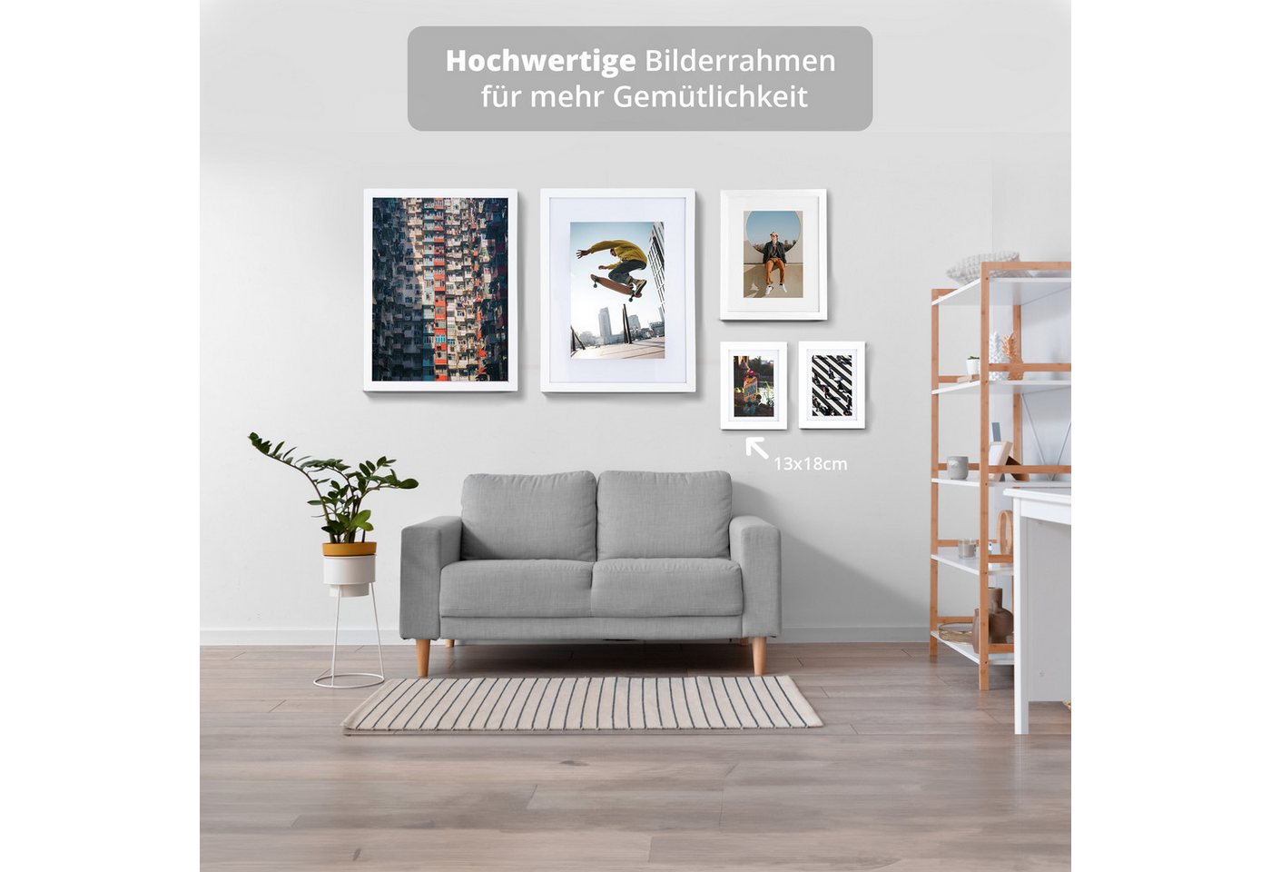 KHG Bilderrahmen 13x18 cm Weiß, für 1 Bilder (stabile Glasfront, MDF-Holz-Rahmen foliert & Passepartout, 1 St), Premium-Rahmen für Fotos, Poster, Zertifikate &  – Bild 3 von 5