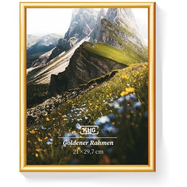 KHG Bilderrahmen 21x30 cm Gold, für 1 Bilder (stabile Glasfront & Kunststoff-Rahmen, 1 St), für Fotos, Poster, Zertifikate & Collagen, Steckanbringung für Hoch-