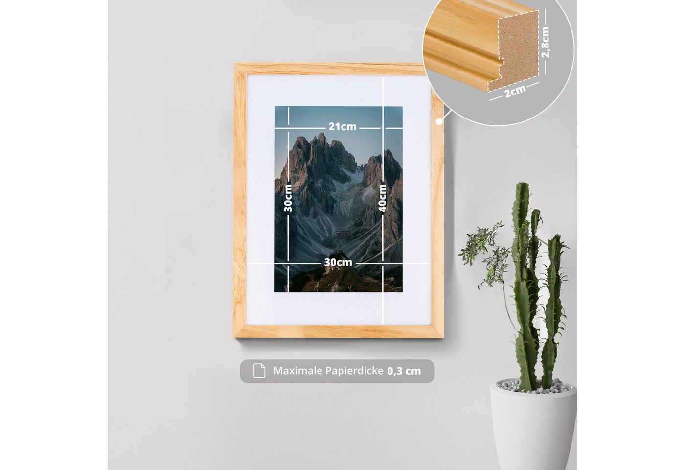 KHG Bilderrahmen 30x40 cm Natur, für 1 Bilder (stabile Glasfront, MDF-Holz-Rahmen foliert & Passepartout, 1 St), Premium-Rahmen für Fotos, Poster, Zertifikate & – Bild 2 von 5