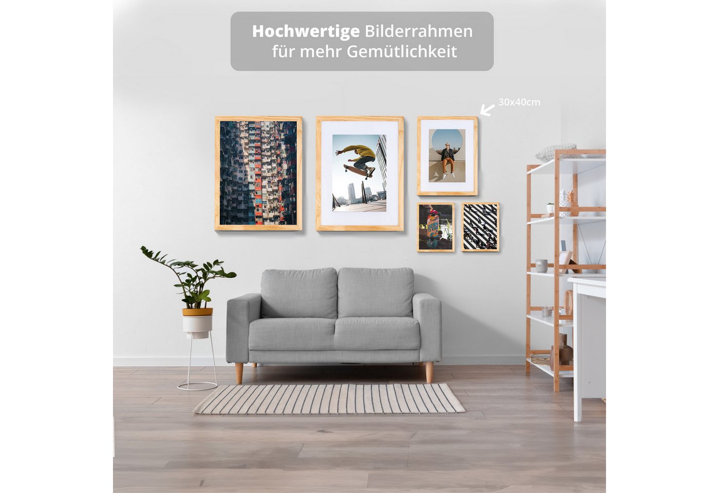 KHG Bilderrahmen 30x40 cm Natur, für 1 Bilder (stabile Glasfront, MDF-Holz-Rahmen foliert & Passepartout, 1 St), Premium-Rahmen für Fotos, Poster, Zertifikate & – Bild 3 von 5