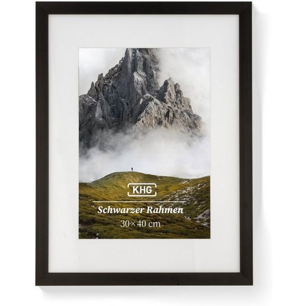 KHG Bilderrahmen 30x40 cm Schwarz, für 1 Bilder (stabile Glasfront, MDF-Holz-Rahmen foliert & Passepartout, 1 St), Premium-Rahmen für Fotos, Poster, Zertifikate