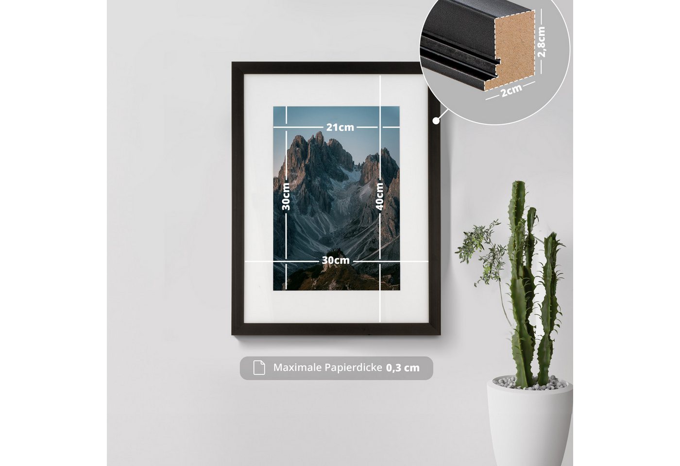 KHG Bilderrahmen 30x40 cm Schwarz, für 1 Bilder (stabile Glasfront, MDF-Holz-Rahmen foliert & Passepartout, 1 St), Premium-Rahmen für Fotos, Poster, Zertifikate – Bild 2 von 5