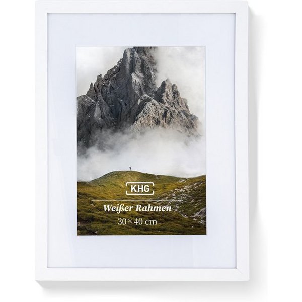 KHG Bilderrahmen 30x40 cm Weiß, für 1 Bilder (stabile Glasfront, MDF-Holz-Rahmen foliert & Passepartout, 1 St), Premium-Rahmen für Fotos, Poster, Zertifikate & 